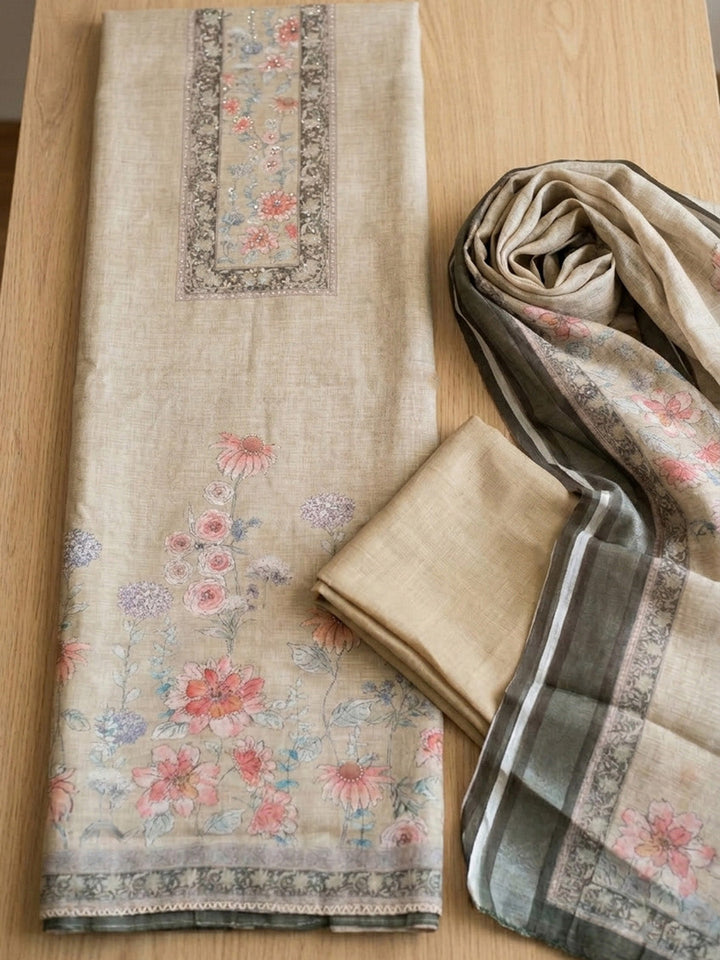 Embroidered Chanderi Unstitched Suit With Pant &amp; Dupatta