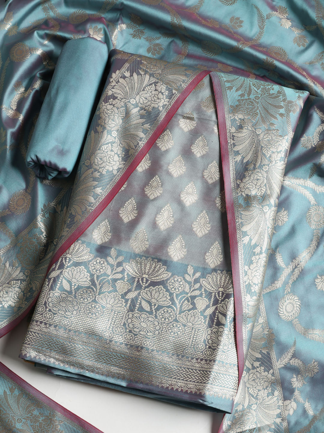 Woven Banarasi Chanderi Unstitched Suit With Dupatta