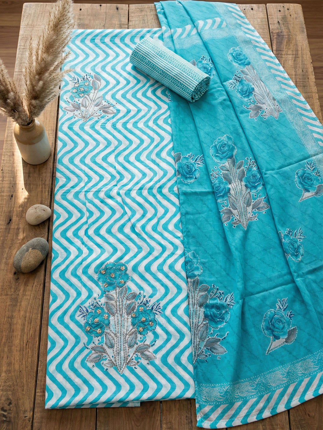 Printed Cotton Blend Unstitched Suit With Pant &amp; Dupatta