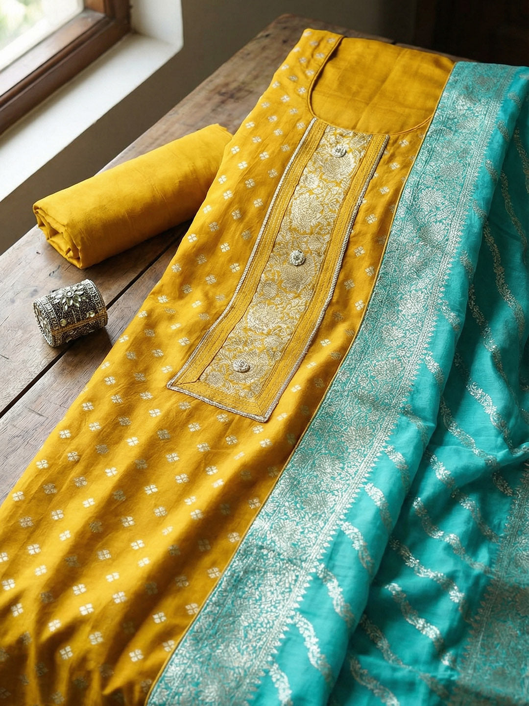 Woven Design Chanderi Unstitched Suit With Pant &amp; Dupatta