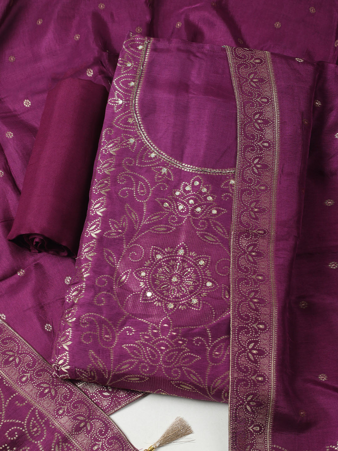 Woven Design Chanderi Unstitched Kurta With Pant &amp; Dupatta
