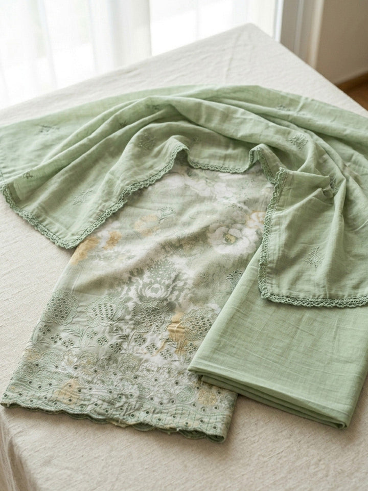 Embroidered Cotton Blend Unstitched Suit With Pant &amp; Dupatta