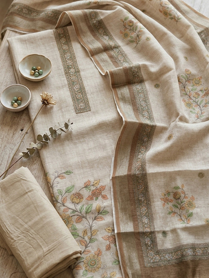 Embroidered Chanderi Unstitched Suit With Pant &amp; Dupatta