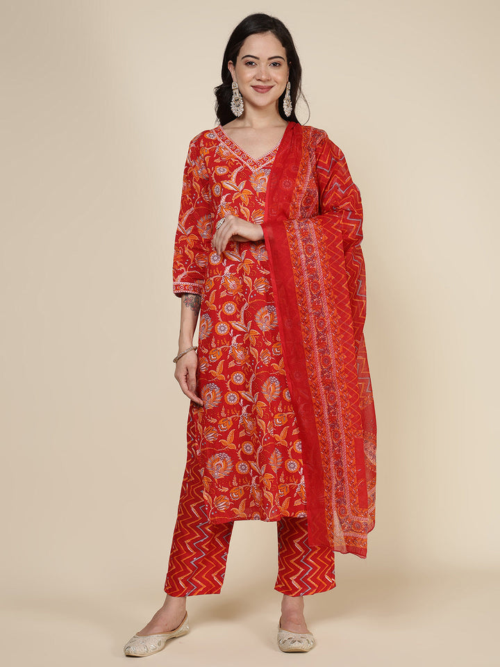 Printed Cotton Blend Kurta With Pants &amp; Dupatta