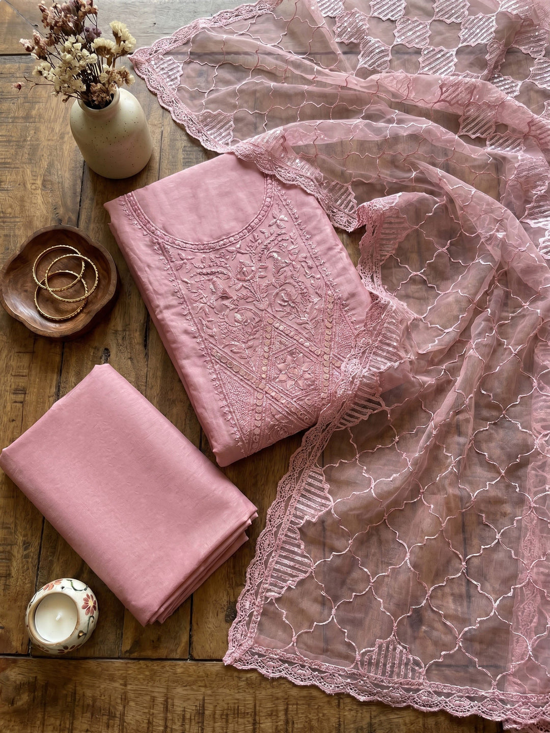 Neck Embroidered Chanderi Unstitched Suit With Dupatta