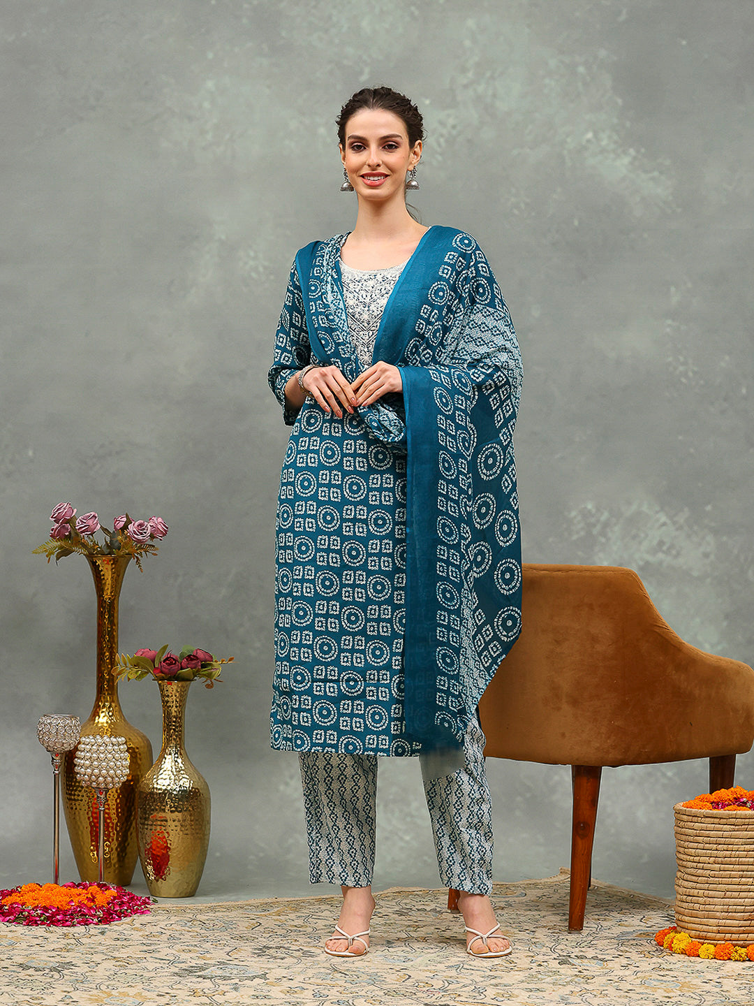Printed Cotton Blend Kurta With Pants &amp; Dupatta