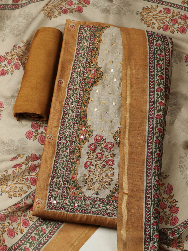 Printed Chanderi Unstitched Suit With Pant &amp; Dupatta