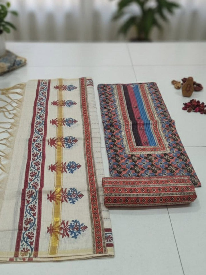 Embroidered Cotton Blend Unstitched Suit With Pant &amp; Dupatta