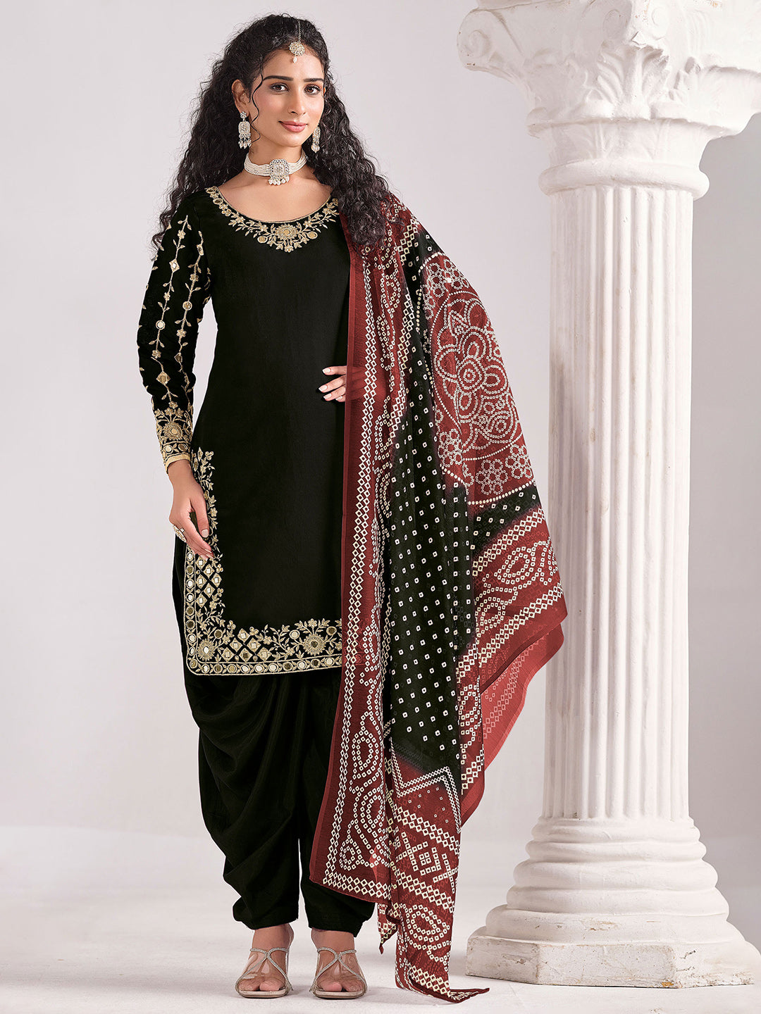 Embroidered Art Silk Semi Stitched Kurta With Patiala Salwar &amp; Dupatta
