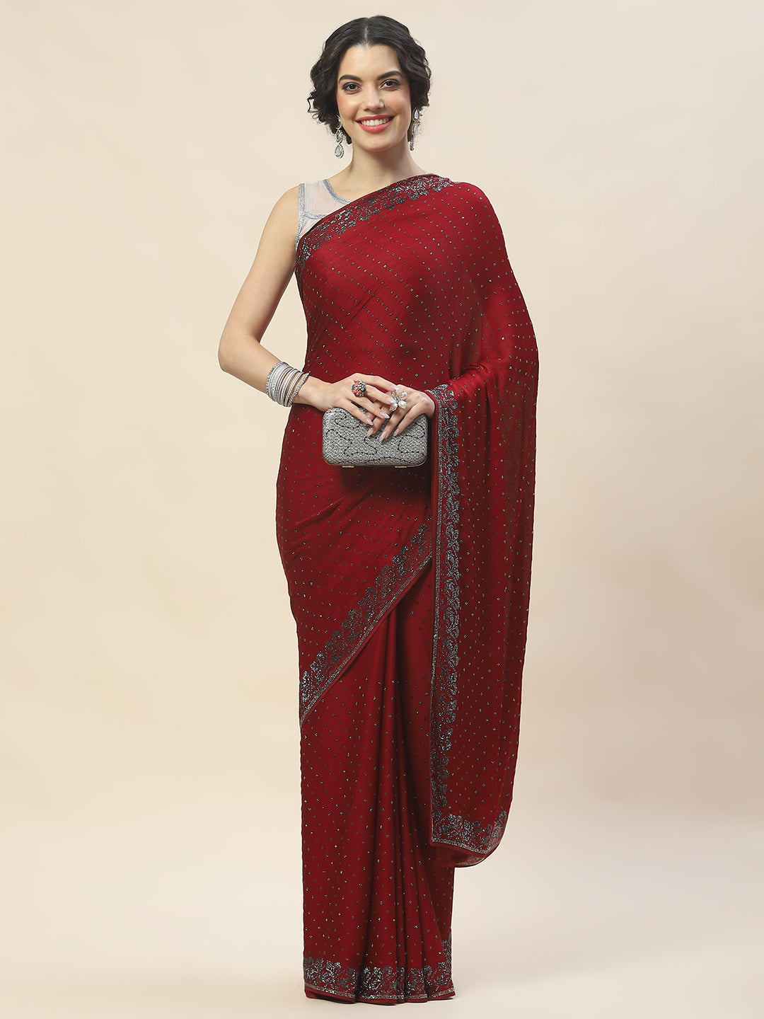 Stone Embroidered Chiffon Saree