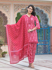 Printed Cotton Blend Kurta With Pants & Dupatta