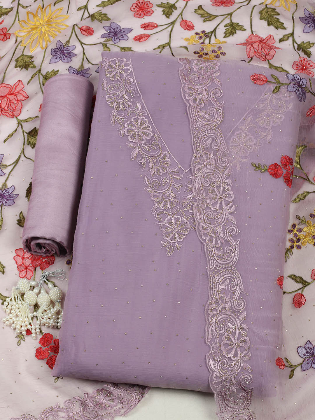 Embellished Organza Unstitched Suit With Pant &amp; Dupatta