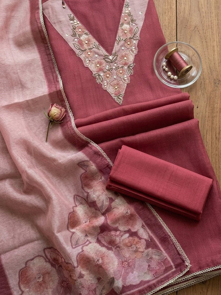 Embroidered Chanderi Unstitched Suit With Pant &amp; Dupatta