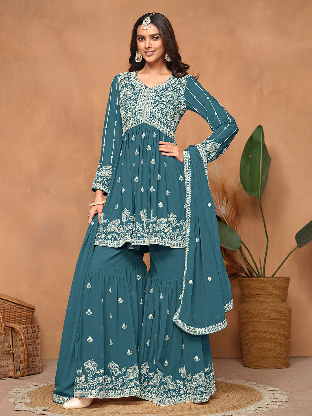 Embroidered Georgette Semi Stitched Kurta With Sharara &amp; Dupatta