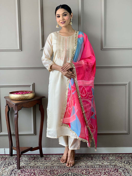 Resham Embroidered Cotton Blend Kurta With Pant & Dupatta