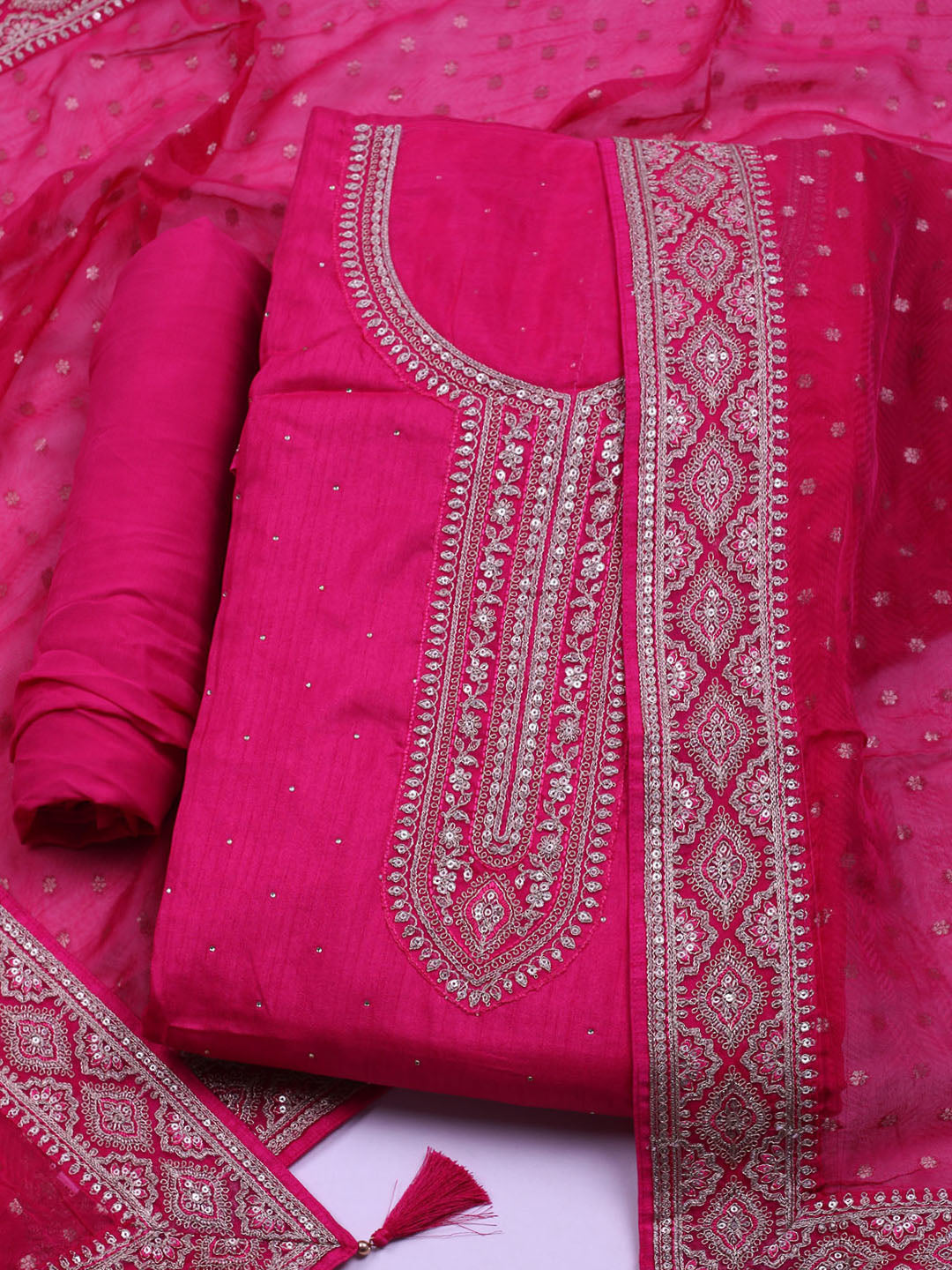 Neck Embroidered Chanderi Unstitched Suit With Dupatta