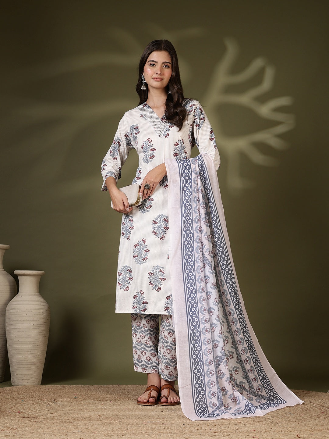 Printed Cotton Blend Kurta With Pant &amp; Dupatta