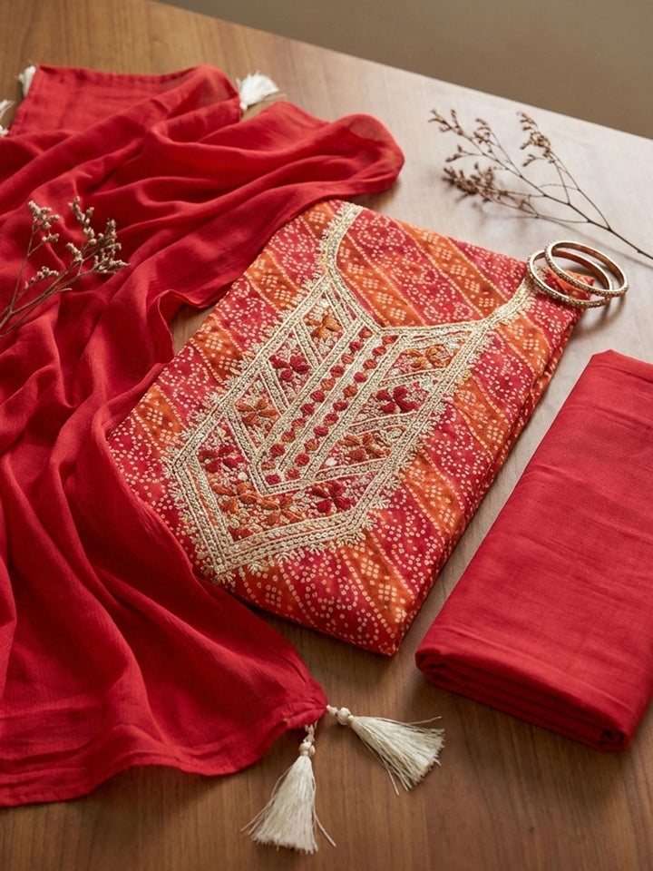 Printed Cotton Blend Unstitched Suit With Pant &amp; Dupatta