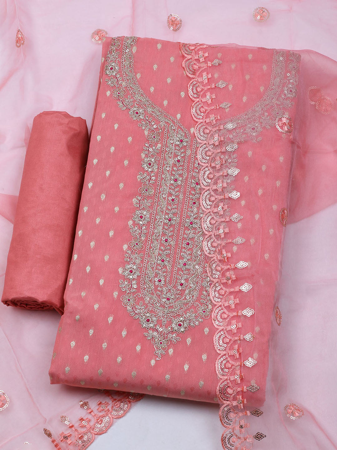 Neck Embroidered Chanderi Unstitched Suit With Dupatta