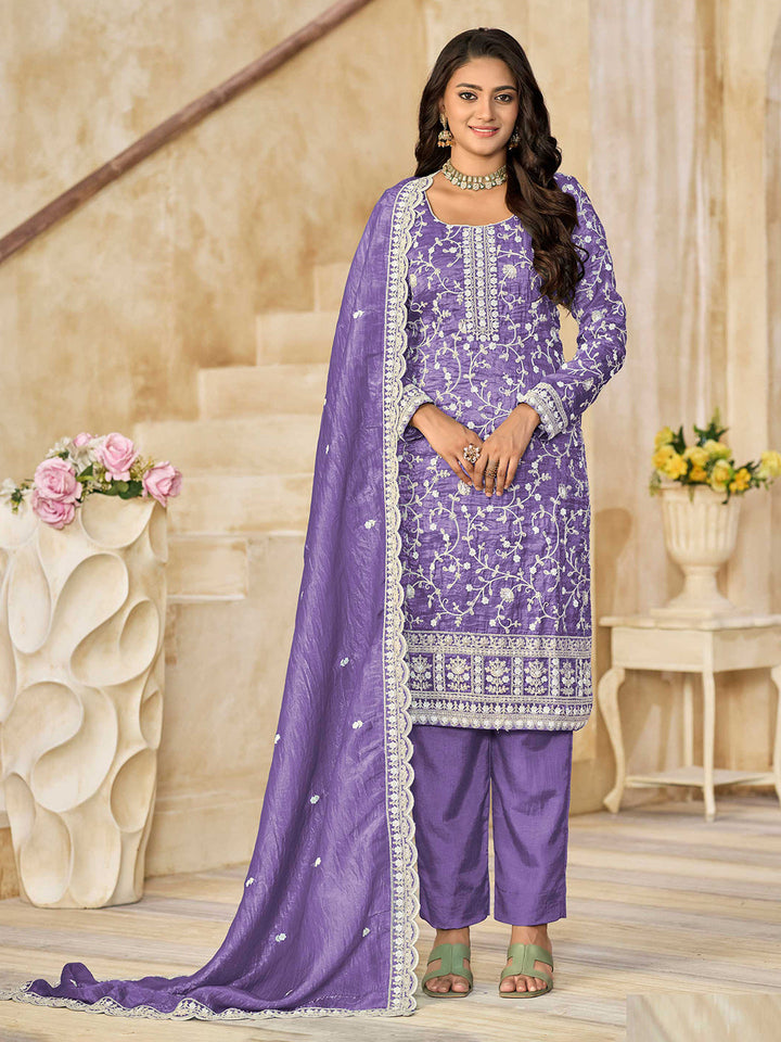 Embroidered Organza Semi Stitched Kurta With Pant &amp; Dupatta