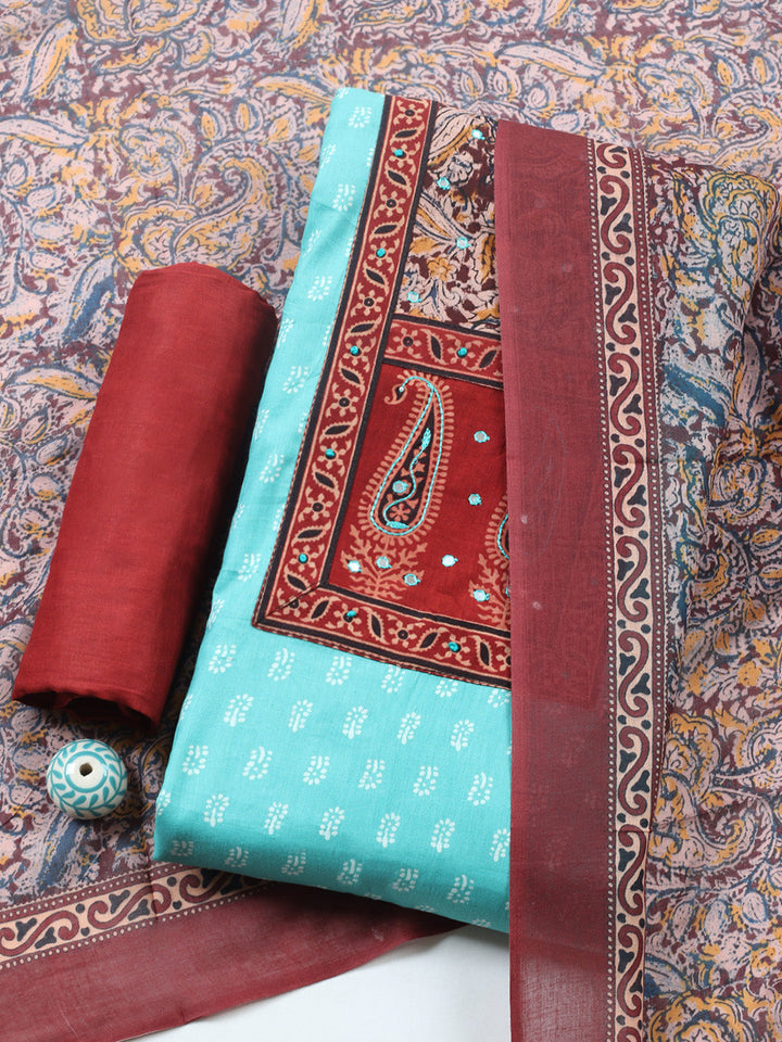 Printed Cotton Blend Unstitched Suit With Pant &amp; Dupatta