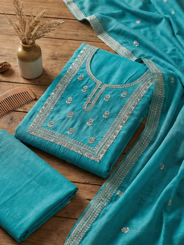 Embroidered Cotton Blend Unstitched Suit With Pant &amp; Dupatta
