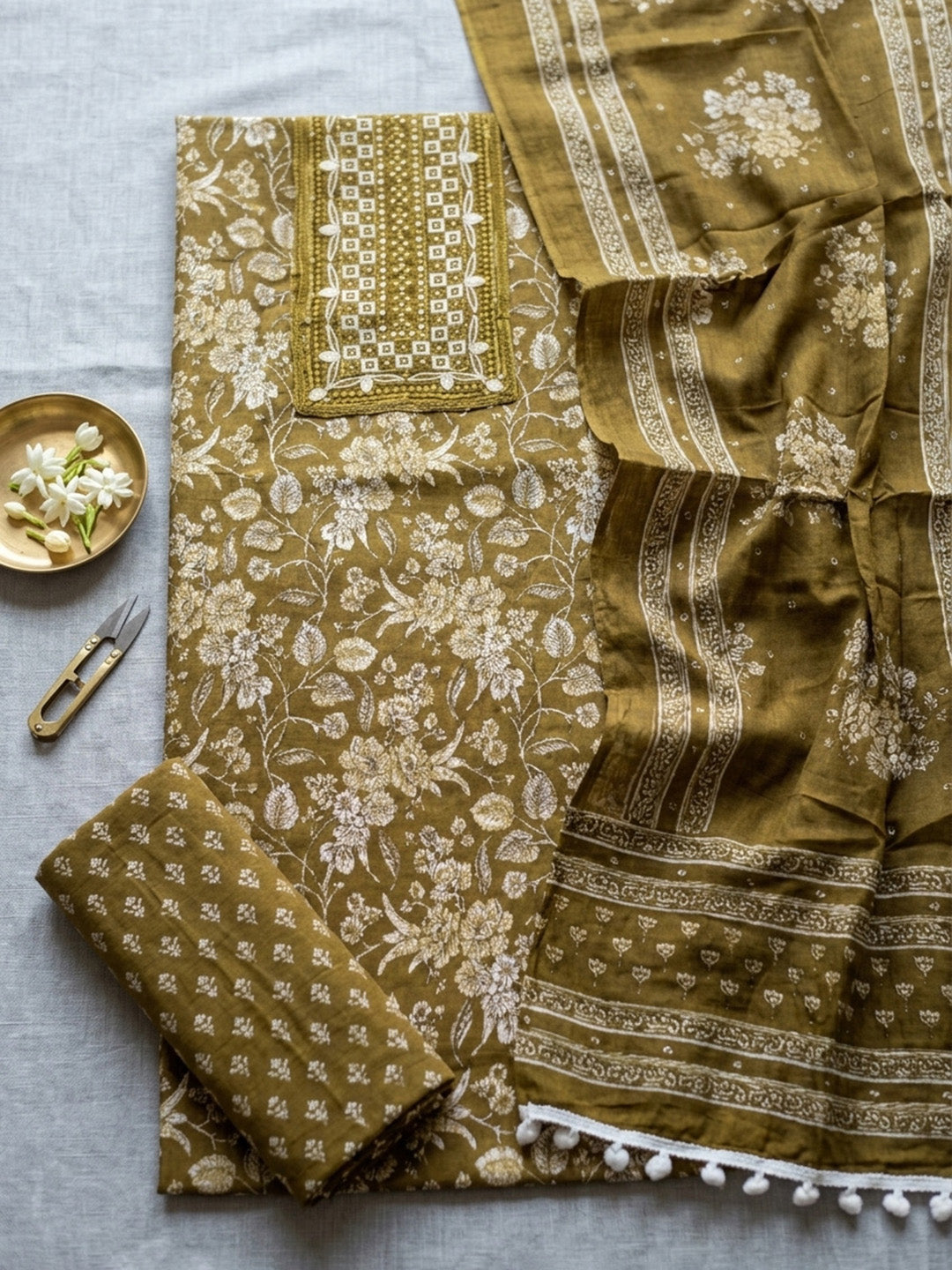 Embroidered Cotton Blend Unstitched Suit With Pant &amp; Dupatta