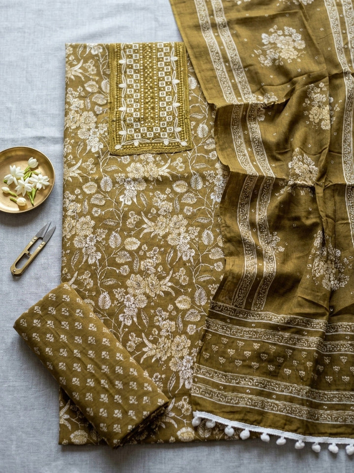 Embroidered Cotton Blend Unstitched Suit With Pant &amp; Dupatta