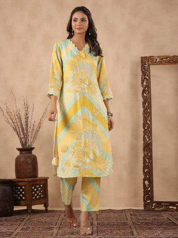 Sequin Embroidered Floral Printed Kurta Set