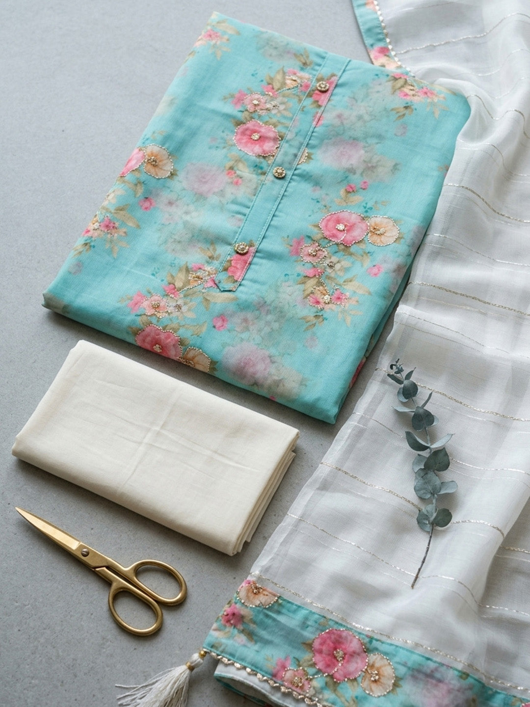 Printed Chanderi Unstitched Suit With Pant &amp; Dupatta