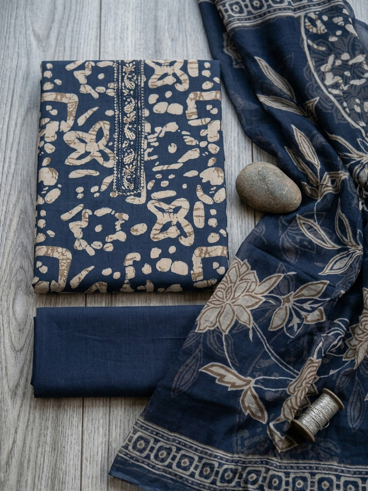 Printed Cotton Blend Unstitched Suit With Pant &amp; Dupatta