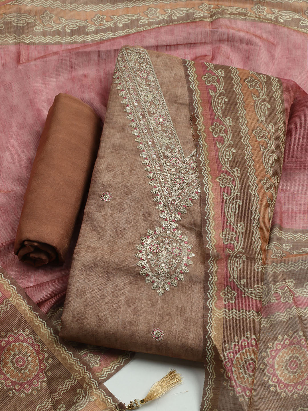Embroidered Tissue Unstitched Kurta With Pant & Dupatta