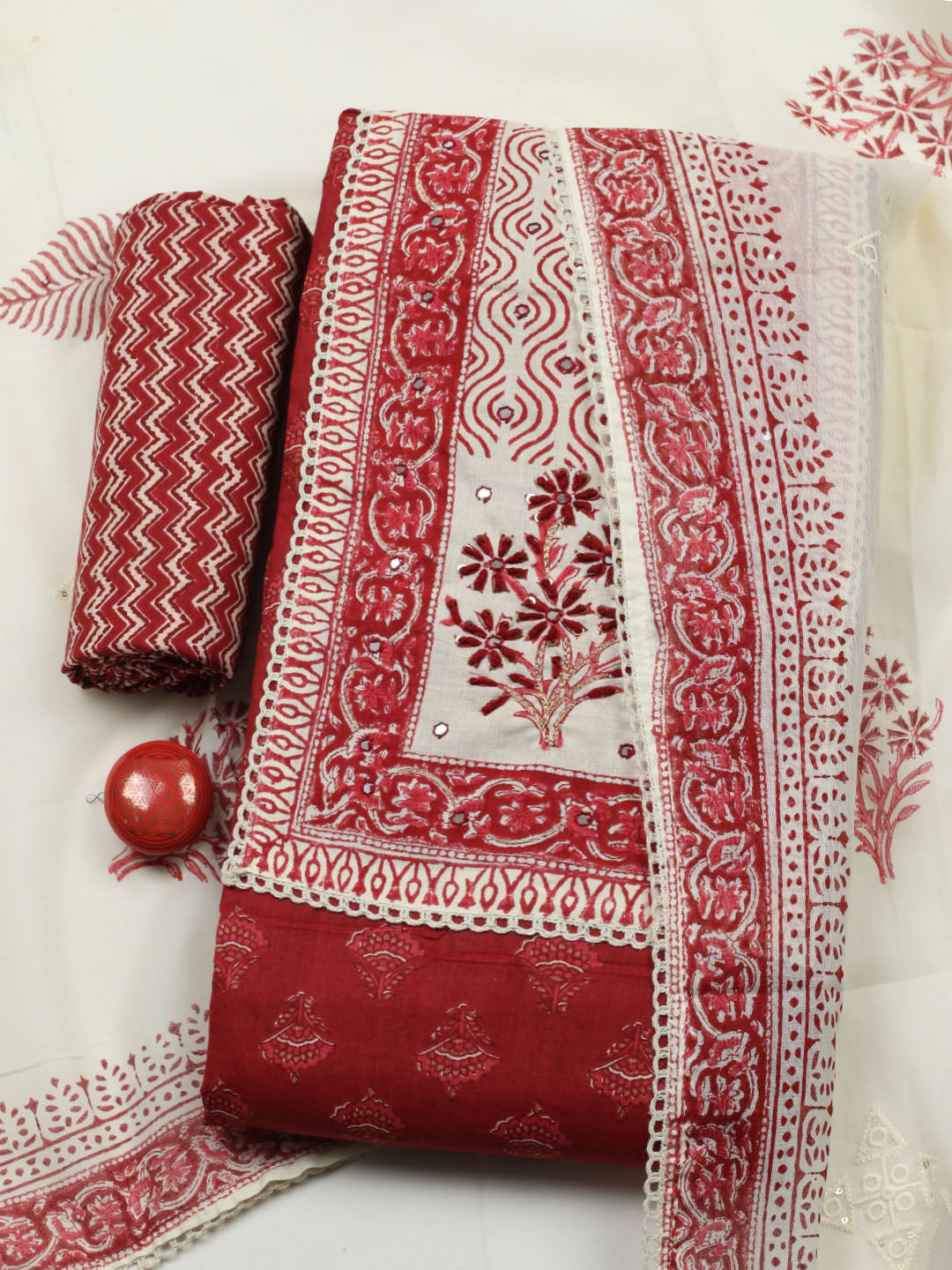 Printed Cotton Blend Unstitched Suit With Pant &amp; Dupatta