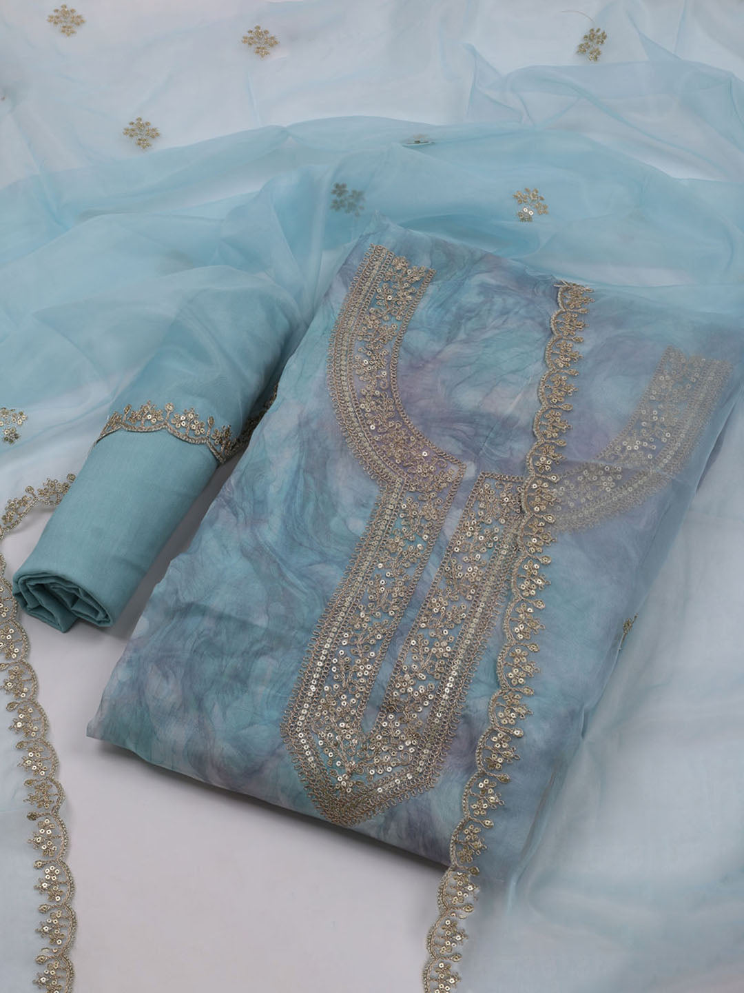 Neck Embroidered Organza Unstitched Suit With Dupatta