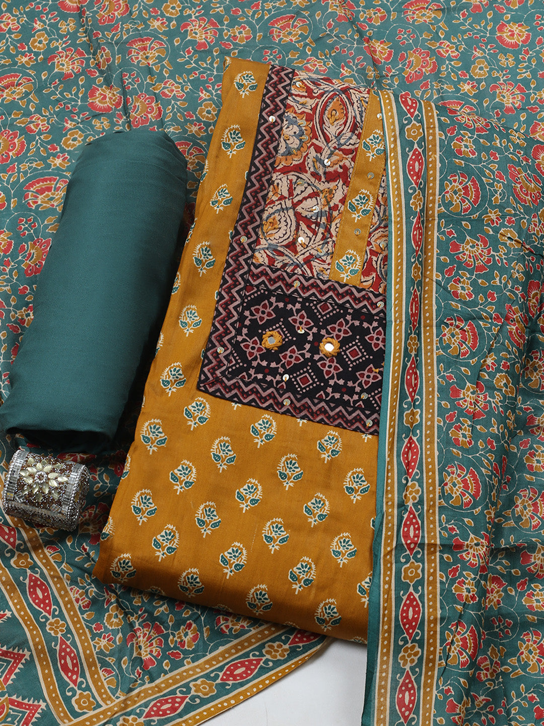 Printed Cotton Blend Unstitched Suit With Pant &amp; Dupatta