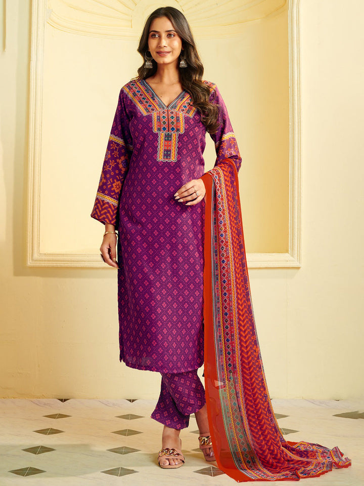 Printed Crepe Unstitched Suit With Pant &amp; Dupatta