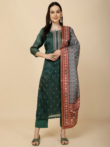 Resham Booti Embroidery Chanderi Suit Set With Dupatta