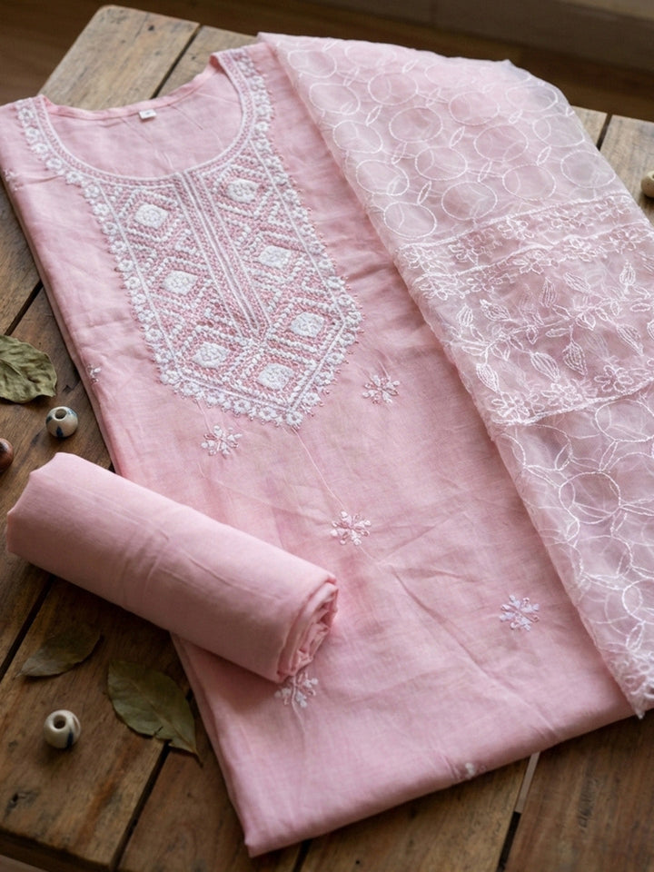 Embroidered Cotton Blend Unstitched Suit With Pant &amp; Dupatta