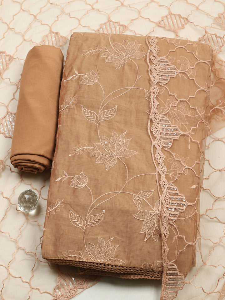 Embroidered Chanderi Unstitched Suit With Pant &amp; Dupatta