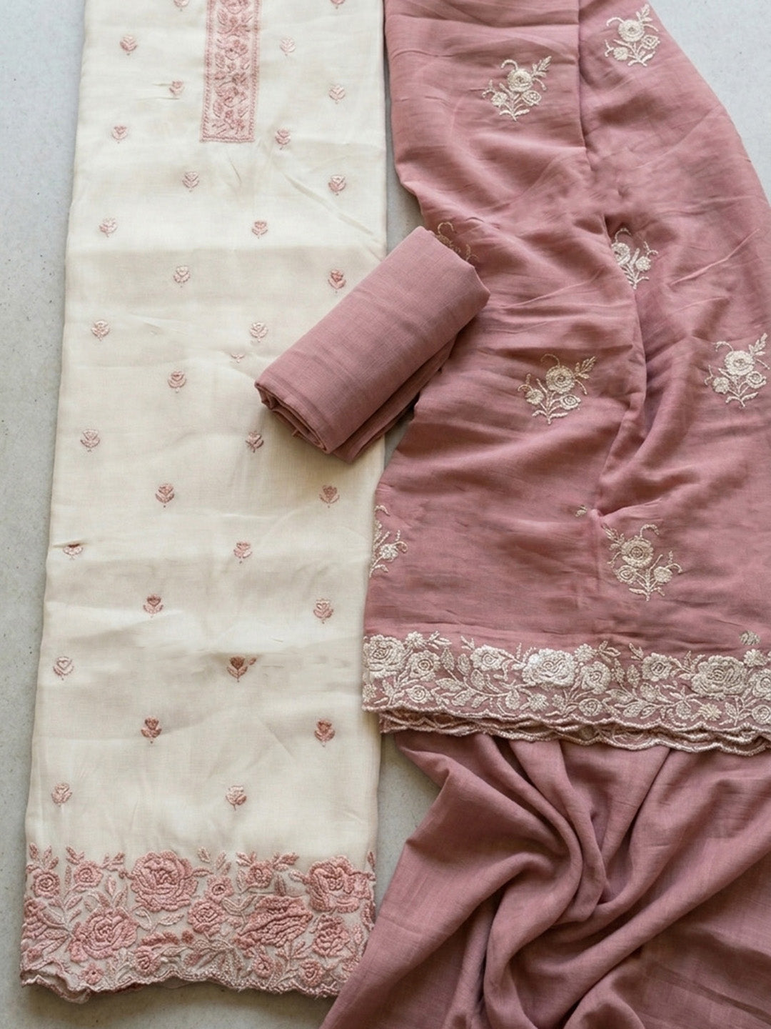 Embroidered Chanderi Unstitched Suit With Pant &amp; Dupatta