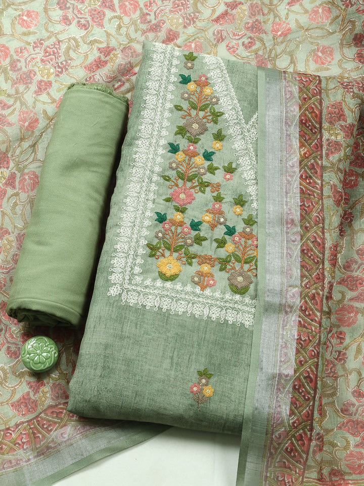 Embroidered Linen Unstitched Kurta With Pant &amp; Dupatta