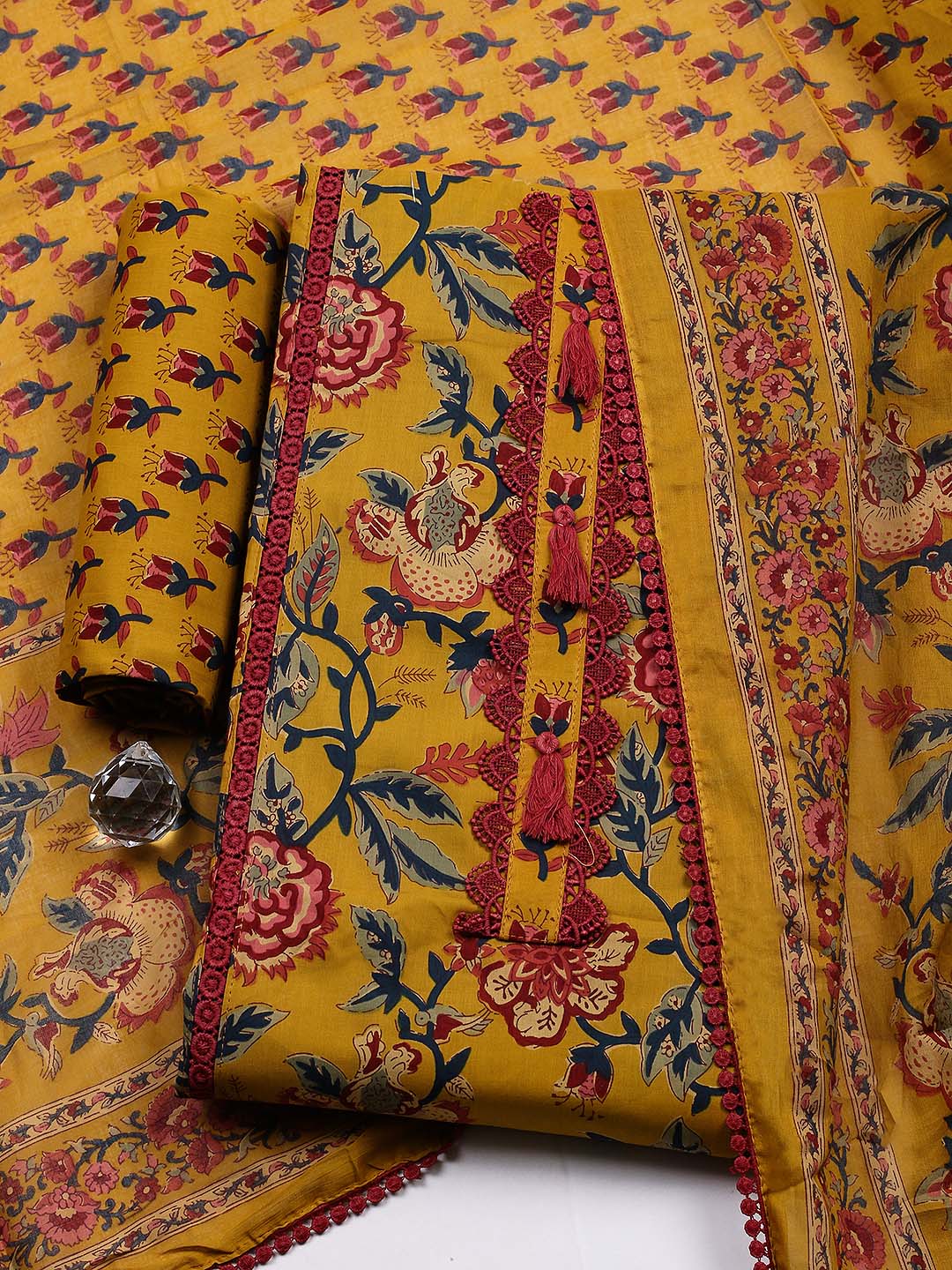 Embroidered Cotton Blend Unstitched Suit With Pant &amp; Dupatta