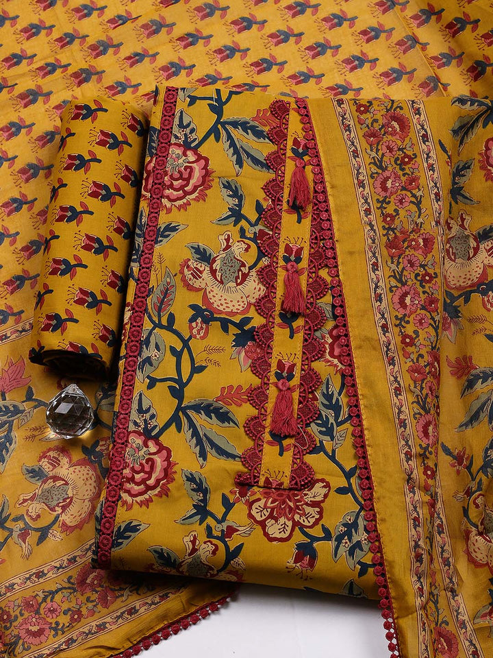 Embroidered Cotton Blend Unstitched Suit With Pant &amp; Dupatta