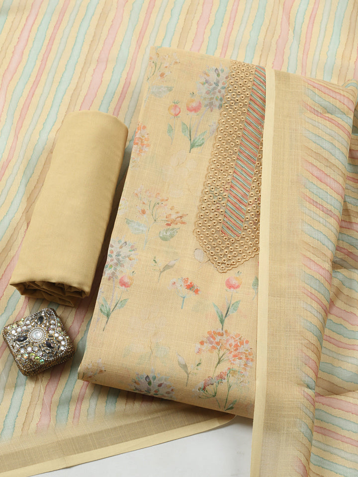 Printed Linen Blend Unstitched Suit With Pant &amp; Dupatta