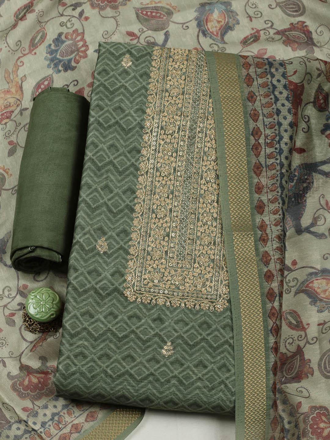 Embroidered Chanderi Unstitched Suit With Pant &amp; Dupatta