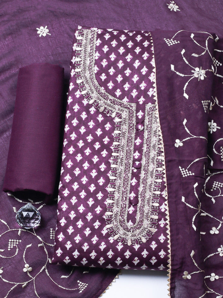 Embroidered Cotton Unstitched Suit With Pant &amp; Dupatta