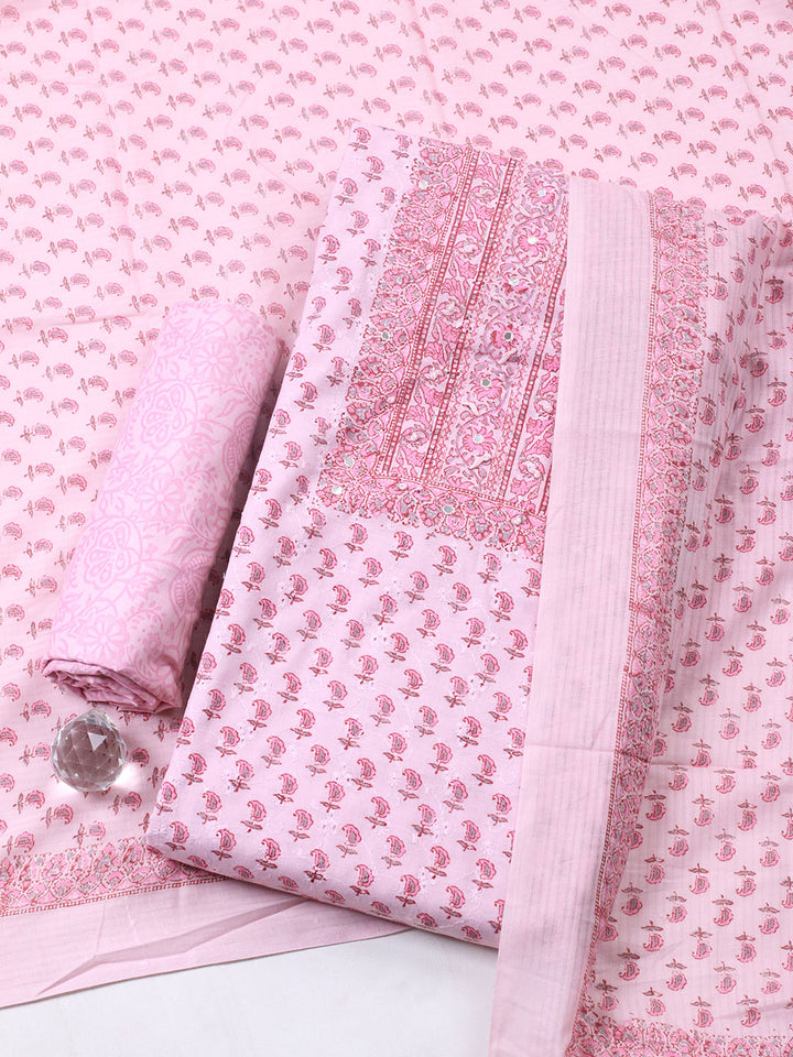 Printed Cotton Blend Unstitched Suit With Pant &amp; Dupatta
