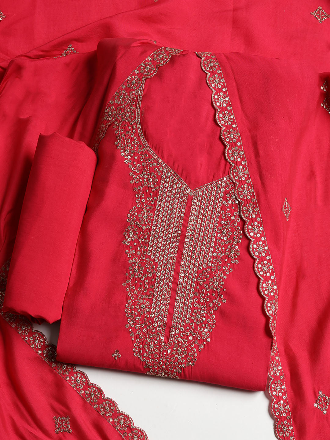 Neck Embroidered Chanderi Unstitched Suit With Dupatta