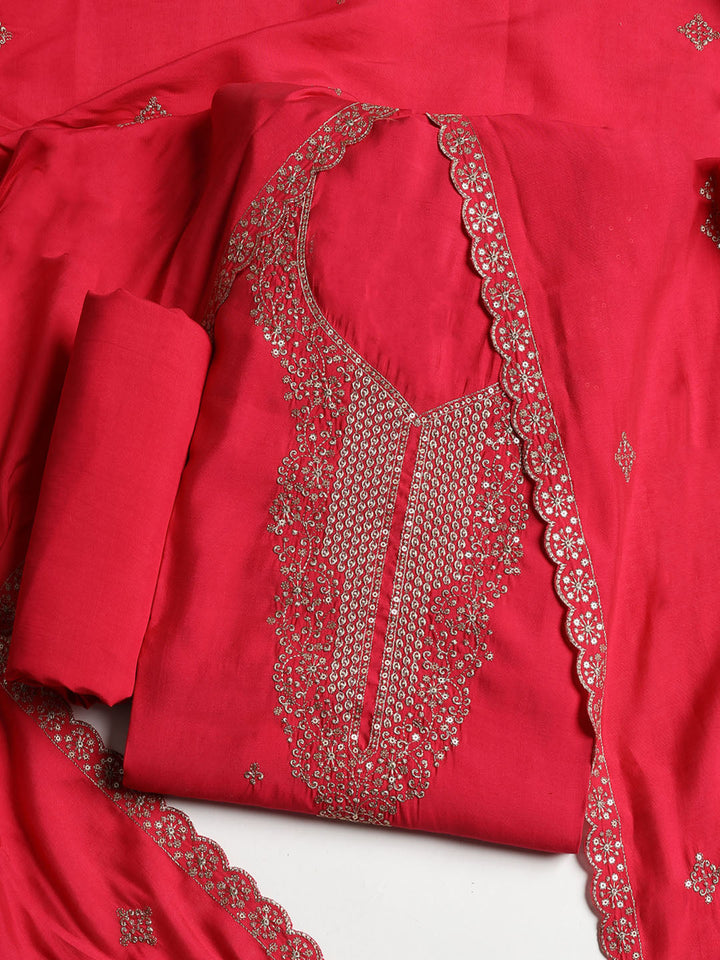 Neck Embroidered Chanderi Unstitched Suit With Dupatta