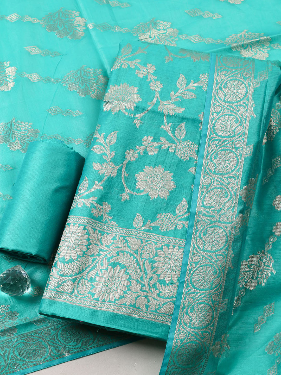 Woven Design Chanderi Unstitched Suit With Pant Dupatta